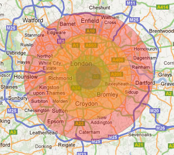 An image displaying a map of areas around London that Bouncy Adventures deliver too.